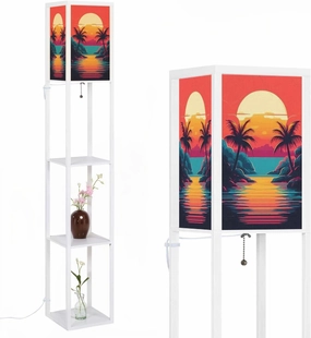 Synthwave Sunset Landscape Palm Trees Retro Wave Floor Lamps with Shelves, Modern Standing Lamp Narrow Corner Display Bookshelf Lamp for Living Room, Bedroom, Office Decor
