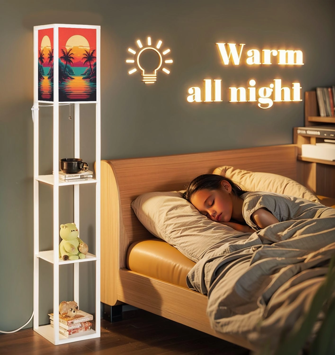 Synthwave Sunset Landscape Palm Trees Retro Wave Floor Lamps with Shelves, Modern Standing Lamp Narrow Corner Display Bookshelf Lamp for Living Room, Bedroom, Office Decor