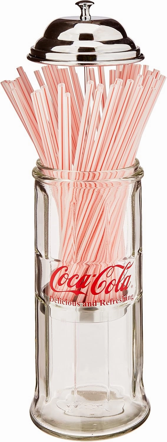 Tablecraft Coca-Cola Glass Straw Dispenser with Metal Lid, Small