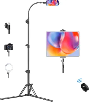 Tall Flexible Phone Tripod with Adjustable Gooseneck, Remote for 4.9-12.9'' Cell Phone/iPad - Recording/Watching/Cooking/Vlogging