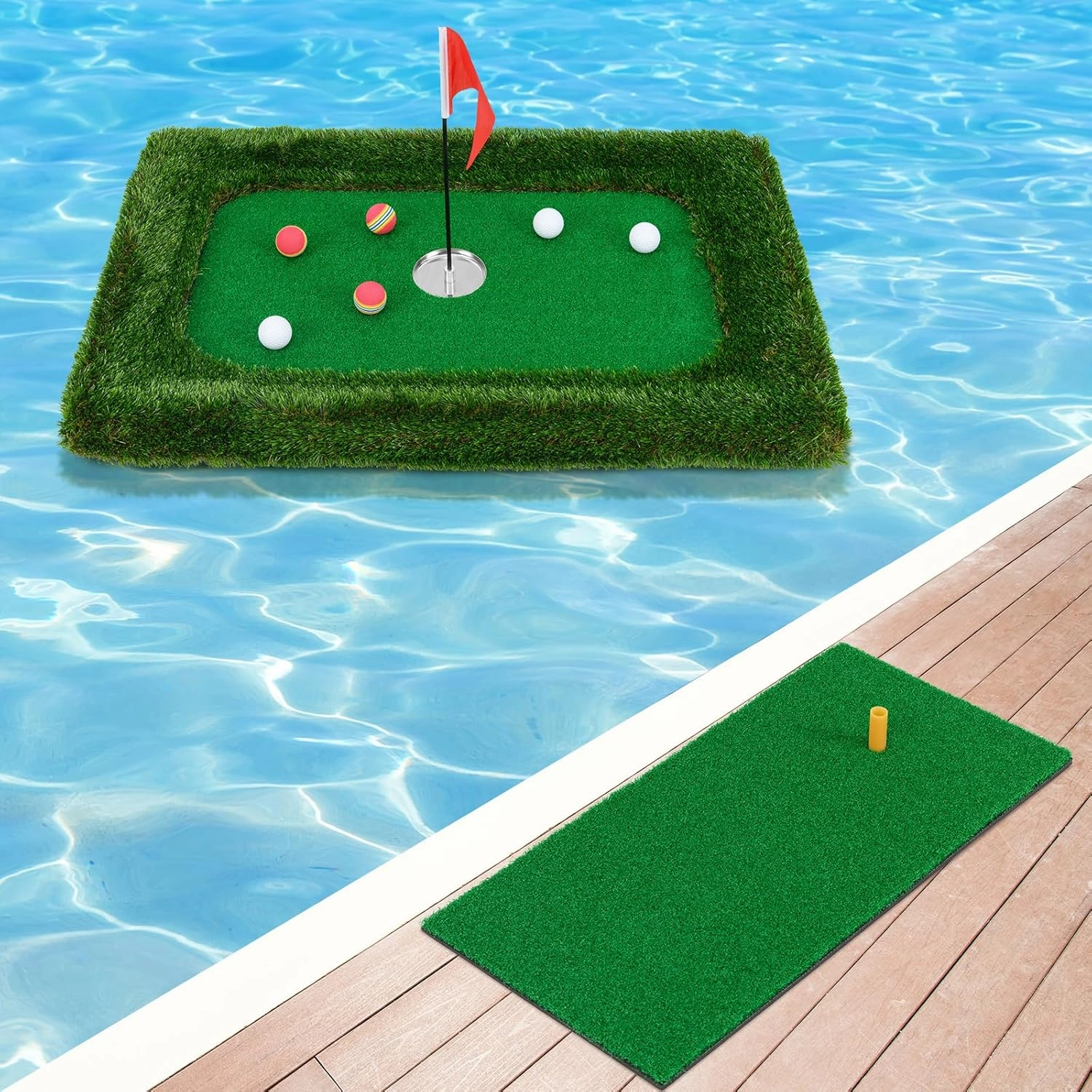 Tangkula Floating Golf Green for Pool, Floating Chipping Green Includes Golf Hitting Mat, 6 Golf Balls, Golf Flag, Golf Cup & Golf Tee, Golf Training Mat, Outdoor Pool Golf Game