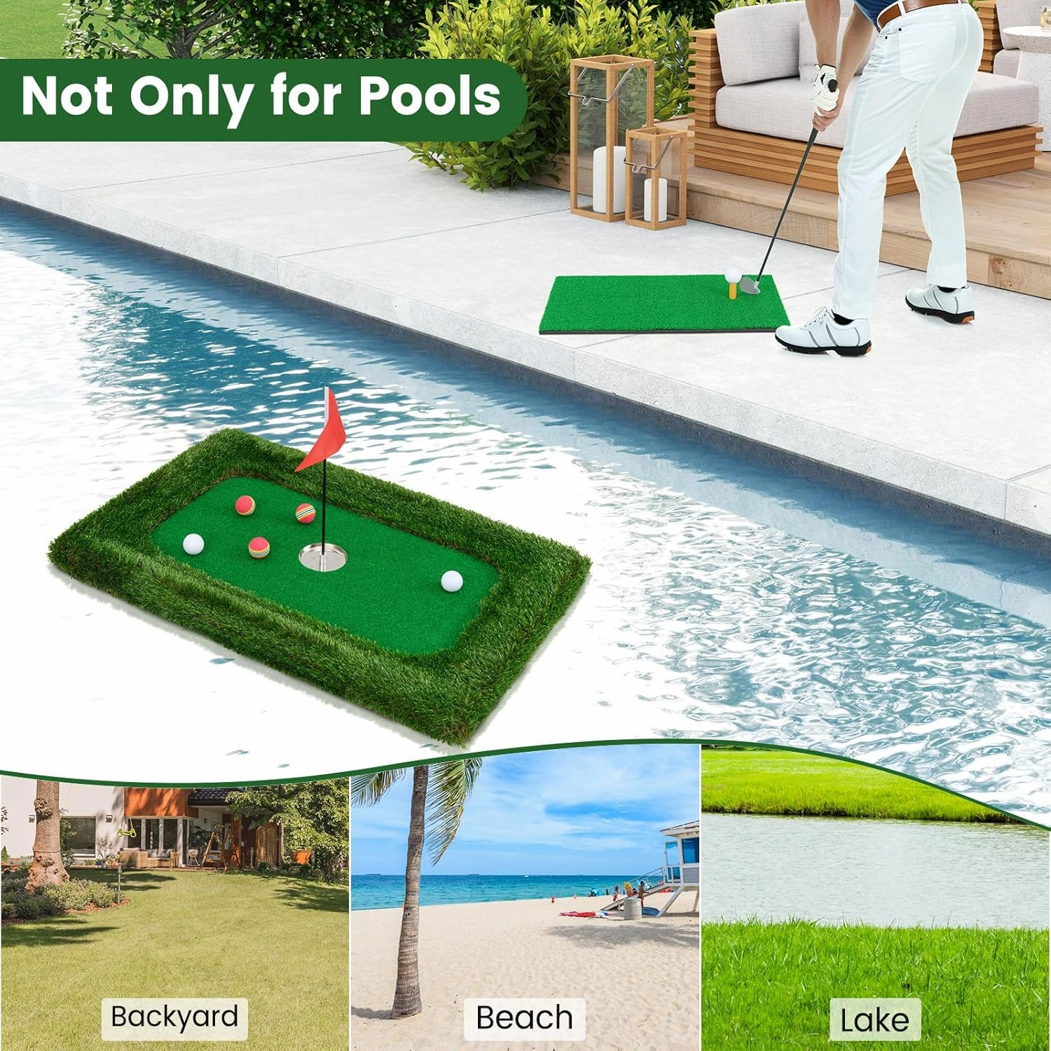 Tangkula Floating Golf Green for Pool, Floating Chipping Green Includes Golf Hitting Mat, 6 Golf Balls, Golf Flag, Golf Cup & Golf Tee, Golf Training Mat, Outdoor Pool Golf Game