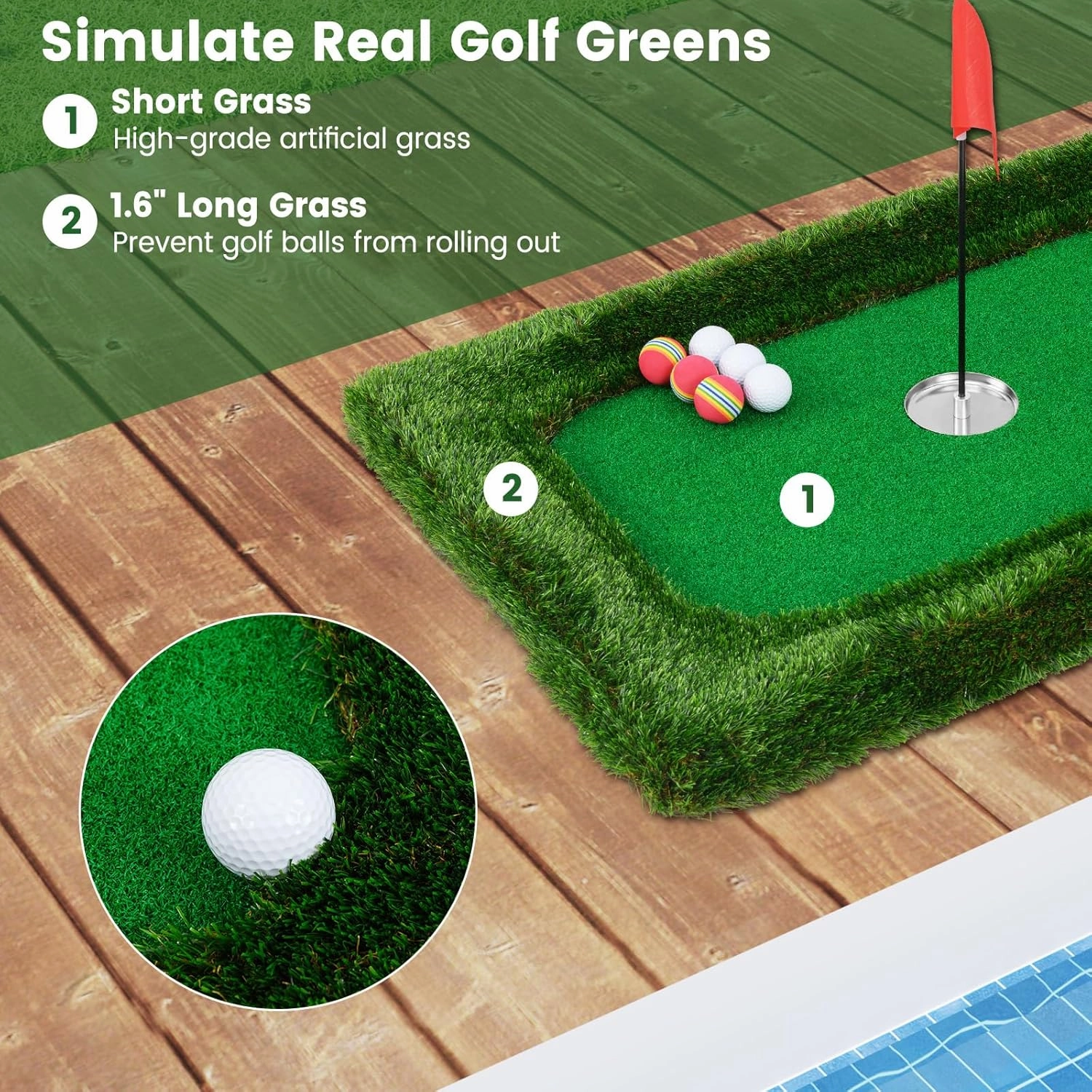 Tangkula Floating Golf Green for Pool, Floating Chipping Green Includes Golf Hitting Mat, 6 Golf Balls, Golf Flag, Golf Cup & Golf Tee, Golf Training Mat, Outdoor Pool Golf Game