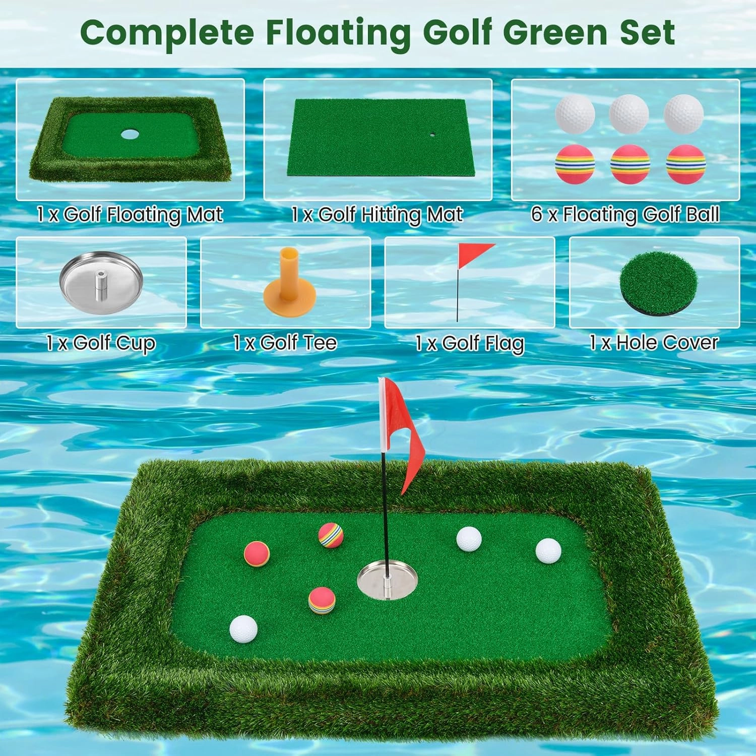 Tangkula Floating Golf Green for Pool, Floating Chipping Green Includes Golf Hitting Mat, 6 Golf Balls, Golf Flag, Golf Cup & Golf Tee, Golf Training Mat, Outdoor Pool Golf Game