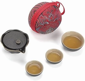 Tea Set Black Pottery Red Pottery One Pot Three Cups Tea Sets Portable Travel Home Office Cups Ceramic Tea Coffee Container with Bag Modern Tea Sets Cups (Color : Red) (Black)