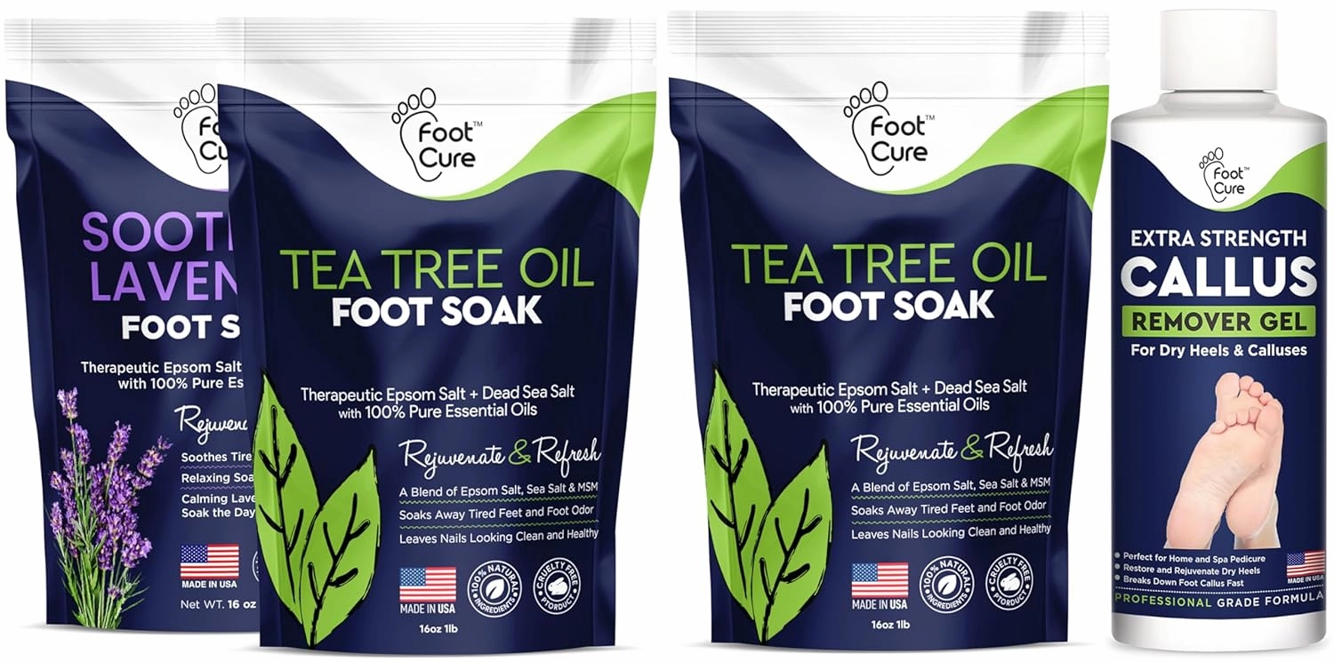 Tea Tree Oil & Soothing Lavender Foot Soak with Epsom Salt Callus Remover for Feet with Extra Strength Gel & Foot Pumice Stone Set