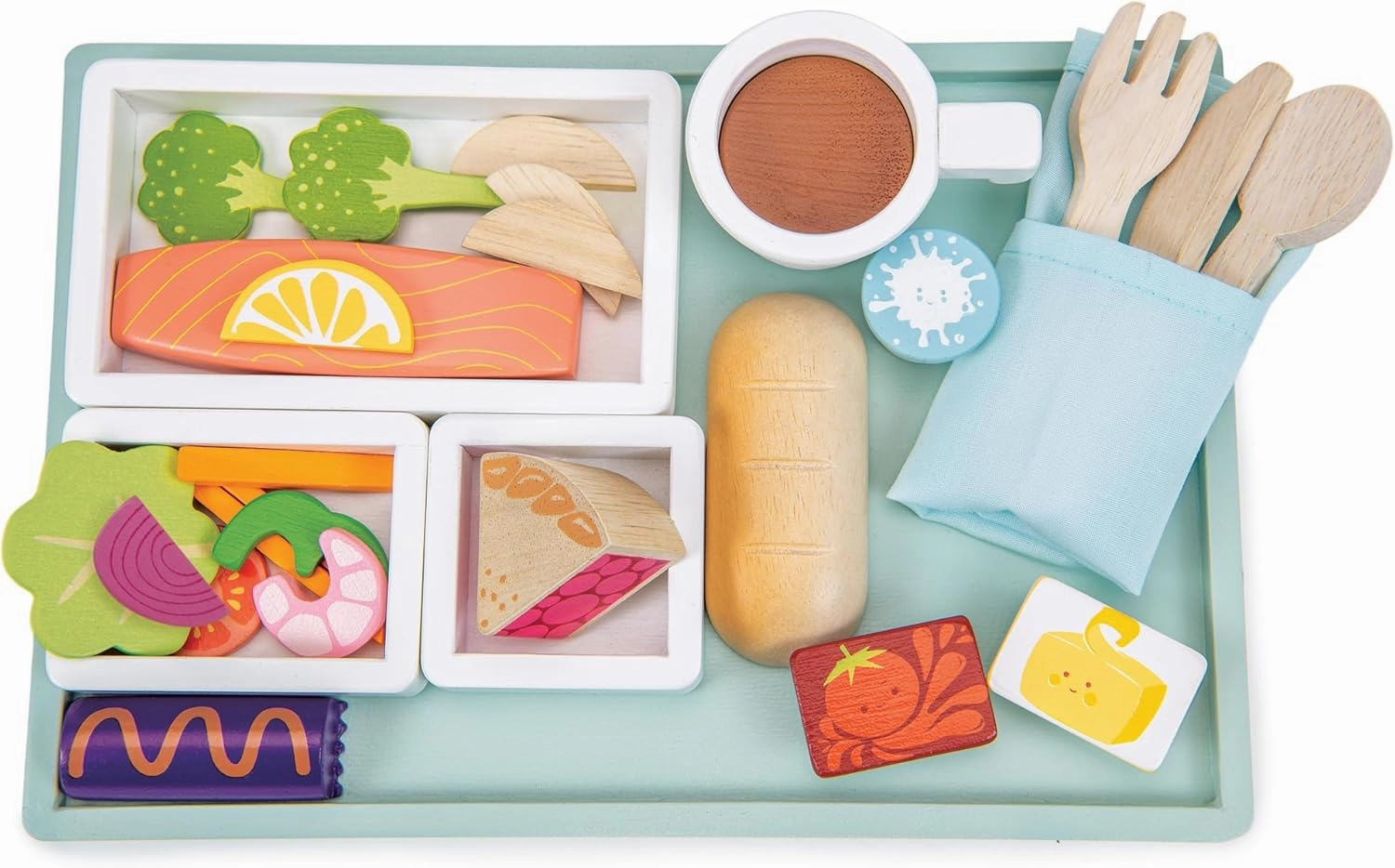 Tender Leaf Toys - Airline Meal Tray - Wood Pretend Play Food Set for Imaginary Travel - Includes 3-Course Plane Meal, Accessories and Passport - Encourages Imaginative Play, Language Skills - Age 3 