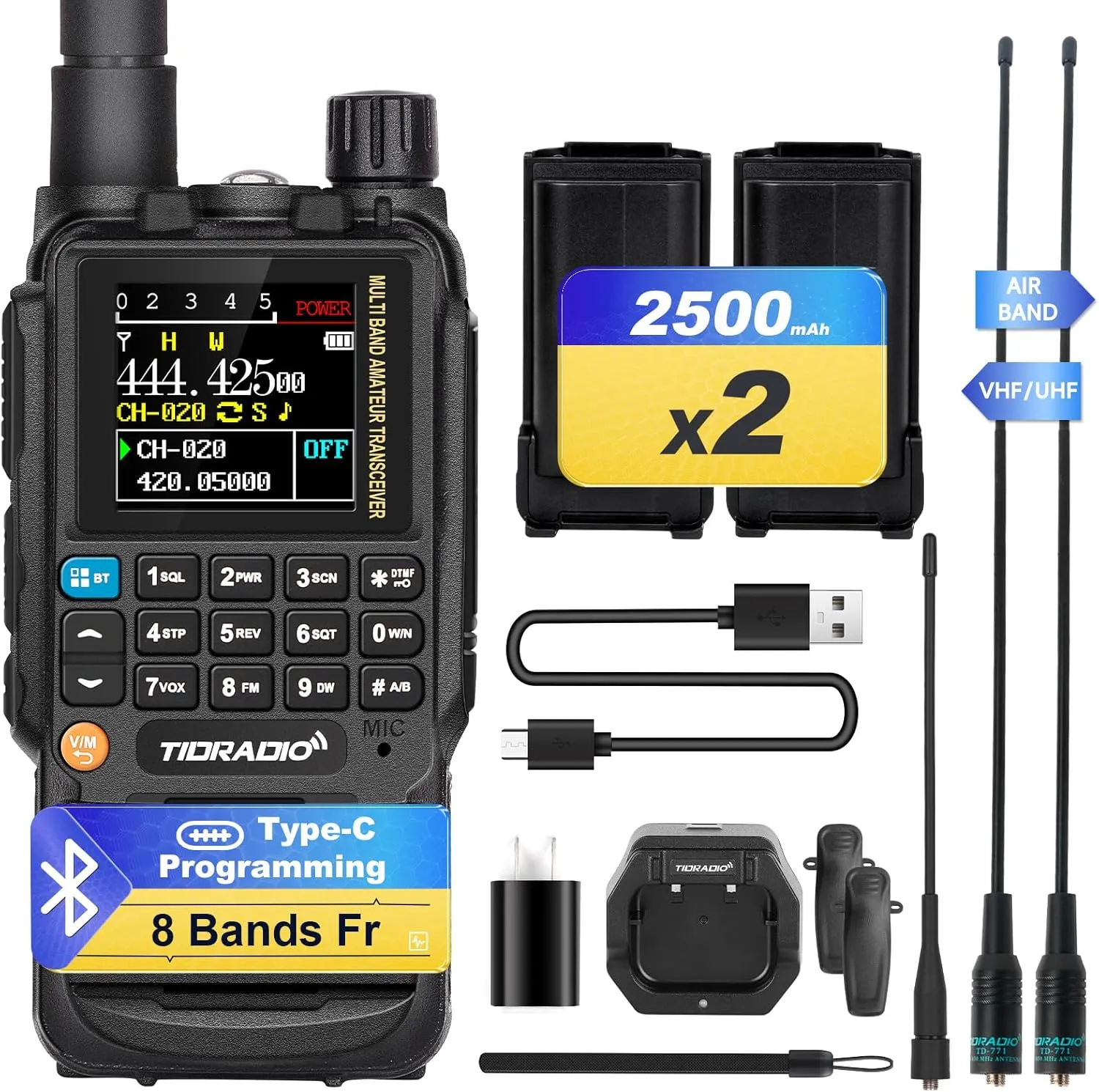 TIDRADIO TD-H3 Ham Radio Handheld(2PCS Batteries), 8-Bands, Wireless &Type C Programming, Frequency Match, Air Band &771 Long Antennas, Walkie Talkie Rechargeable Portable Two Way Radio Full Kit 1Pack