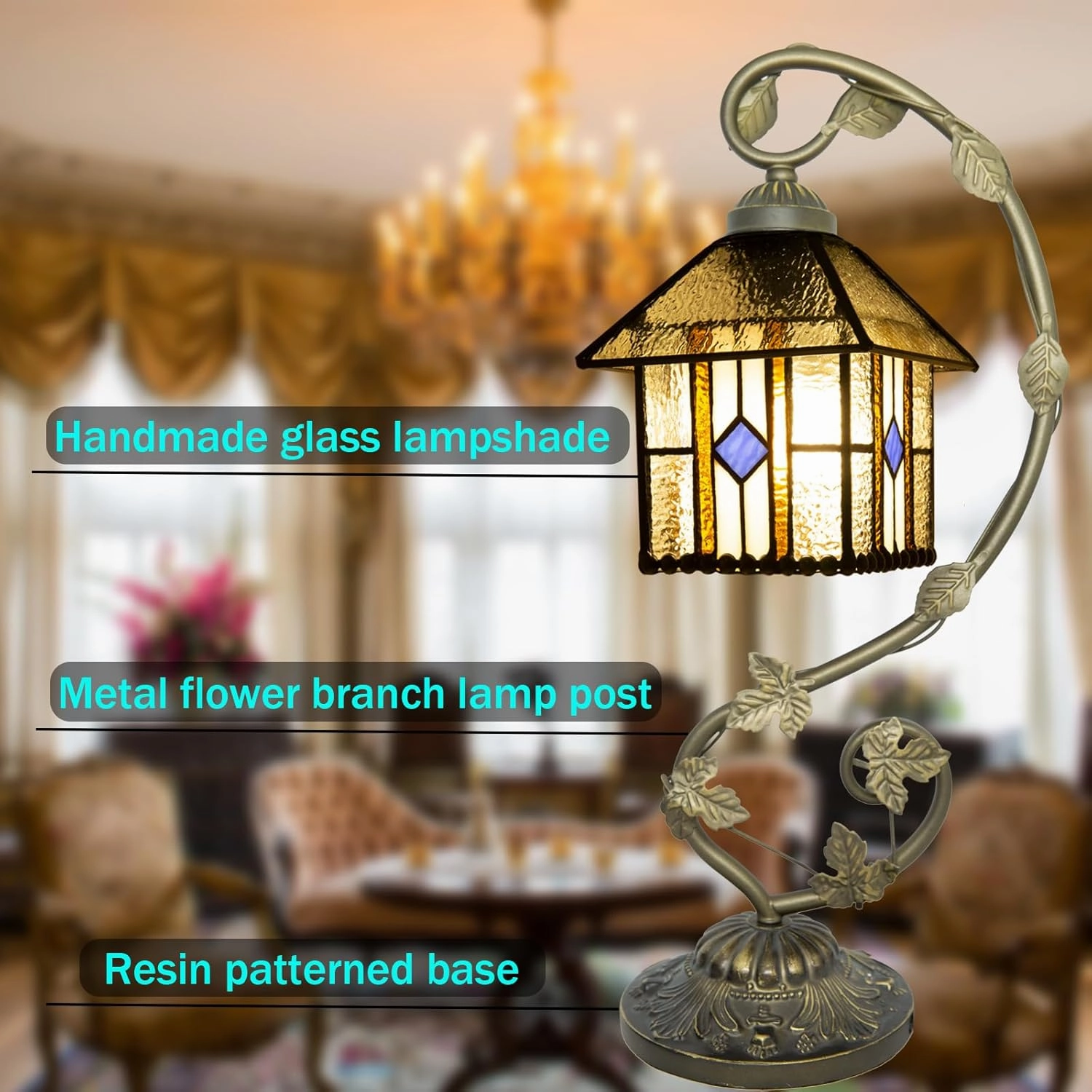 Tiffany Lamp,21x11x8 inches Stained Glass Lamp,Geometry House Tiffany Style Table Lamp with Three-Color Dimming for Bedside Table,Dining Table,Antique Office