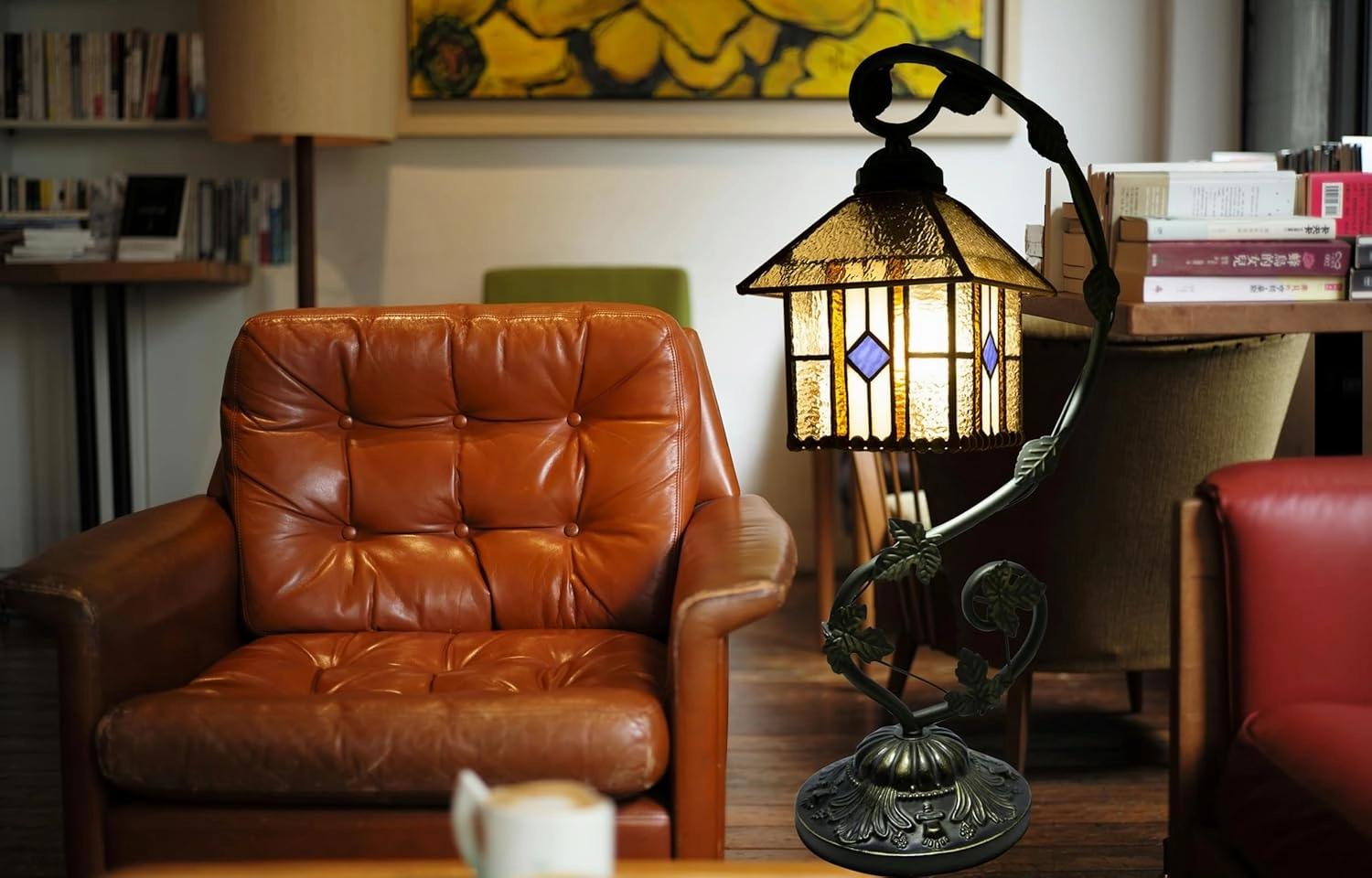 Tiffany Lamp,21x11x8 inches Stained Glass Lamp,Geometry House Tiffany Style Table Lamp with Three-Color Dimming for Bedside Table,Dining Table,Antique Office