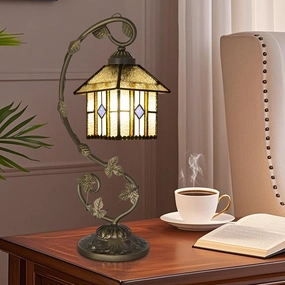 Tiffany Lamp,21x11x8 inches Stained Glass Lamp,Geometry House Tiffany Style Table Lamp with Three-Color Dimming for Bedside Table,Dining Table,Antique Office