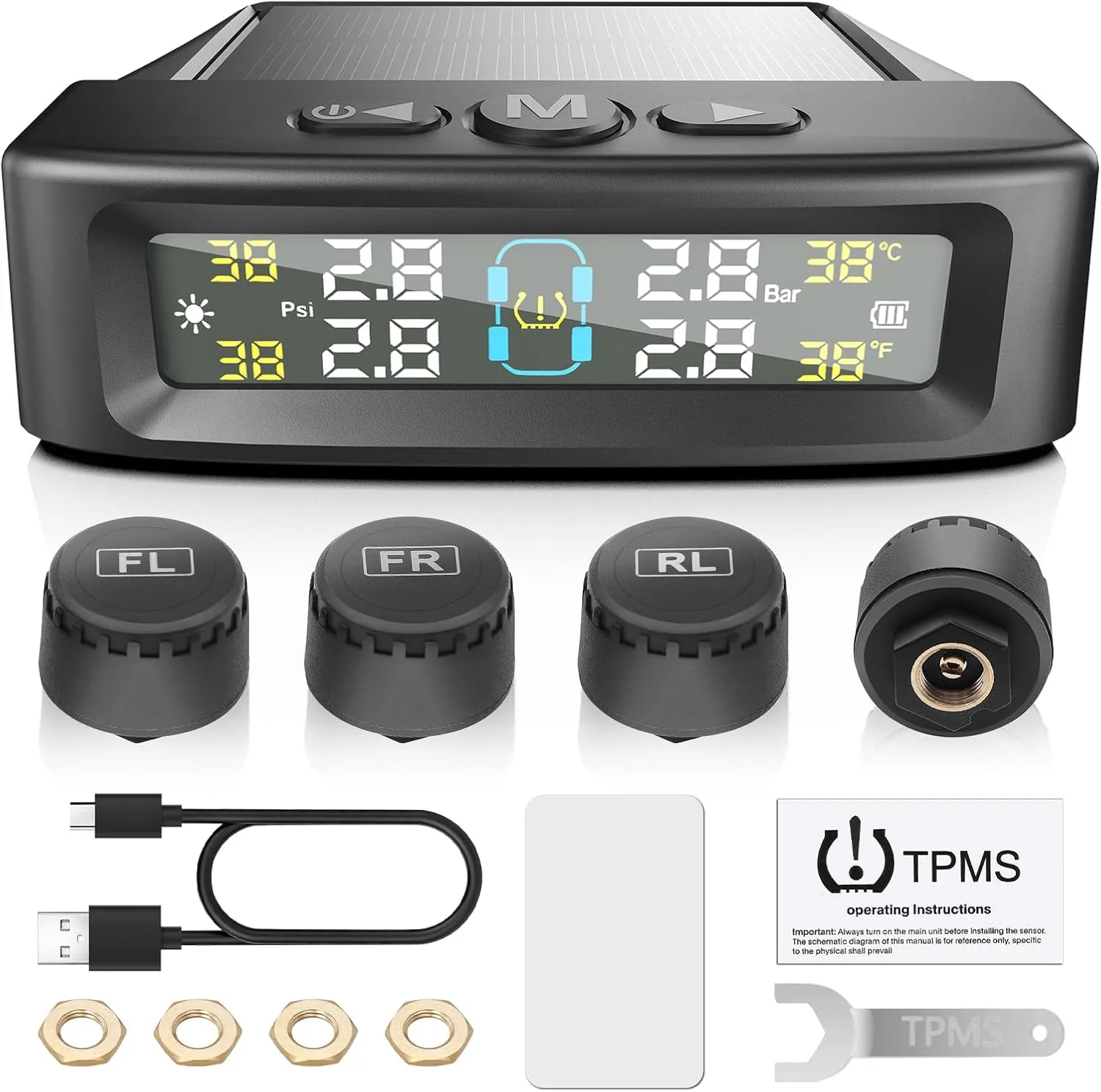 Tire Pressure Monitoring System (TPMS) Tire Pressure Monitor-4 Waterproof Sensors with Alarm, Real-Time Monitoring for RV/Campers/Trailers