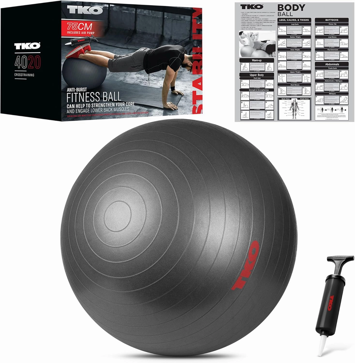 TKO Large Exercise Ball with Exercises & Pump - 65 or 74 cm Exercise Ball for Home Gym & Office Fitness - Professional-Grade Exercise Ball 65 or 75 cm for Stability, Balance & Core Strength