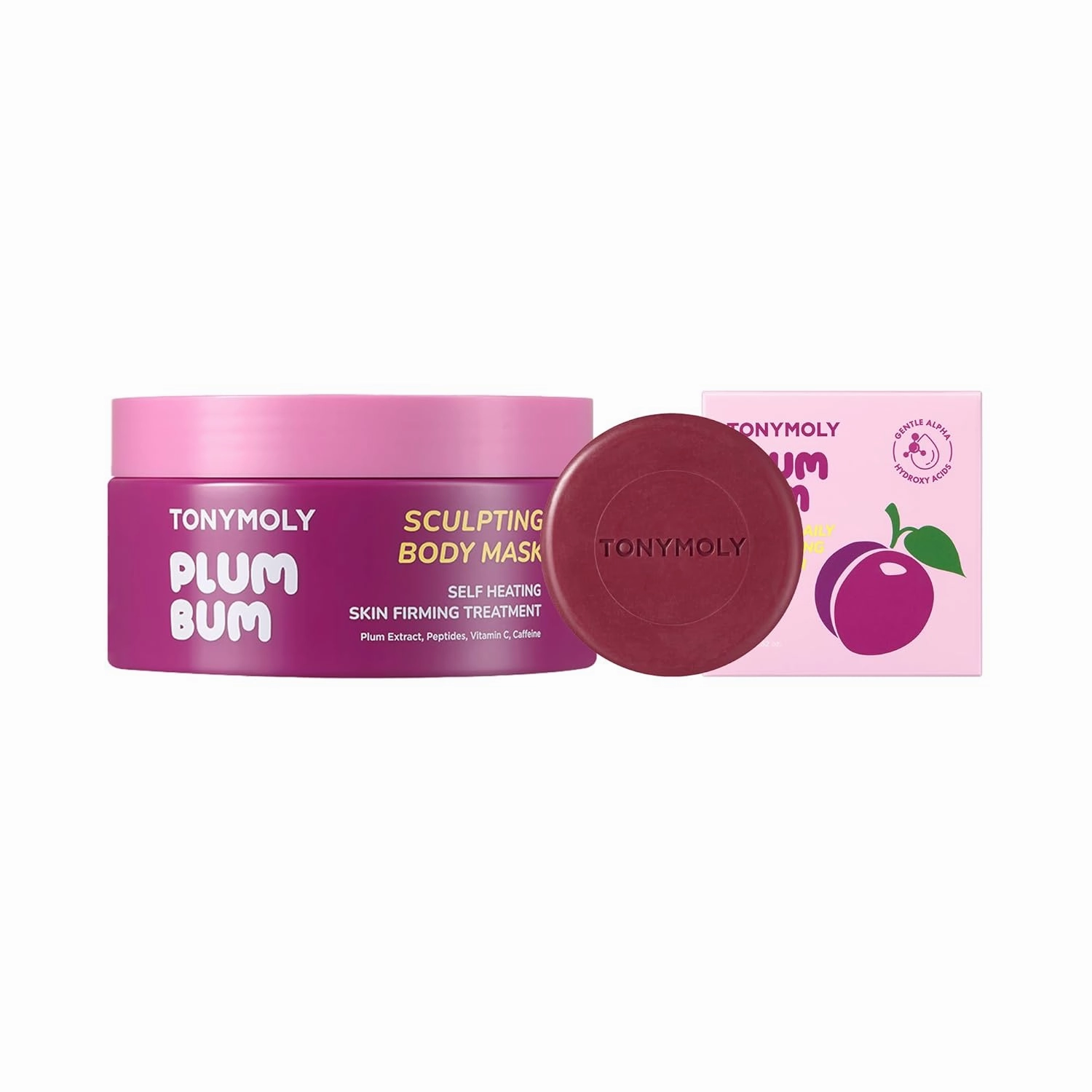 TONYMOLY Plum Bum Body Care Set - AHA Exfoliating Body Bar with Plum & Cica Extract   Self-Heating Body Sculpting Mask for Smooth, Firm Skin