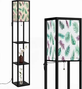 Topical Palm Leaves Seamless Pattern for Fabric Texture Floor Lamps with Shelves, Modern Standing Lamp Narrow Corner Display Bookshelf Lamp for Living Room, Bedroom, Office Decor