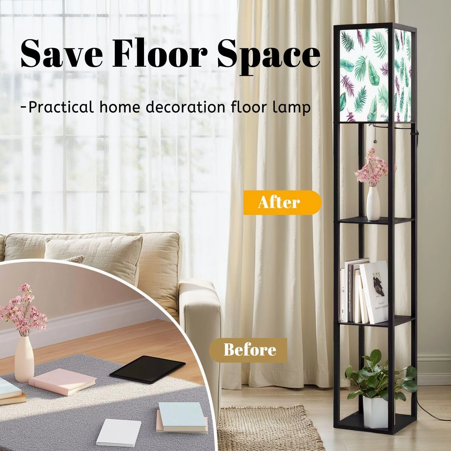 Topical Palm Leaves Seamless Pattern for Fabric Texture Floor Lamps with Shelves, Modern Standing Lamp Narrow Corner Display Bookshelf Lamp for Living Room, Bedroom, Office Decor