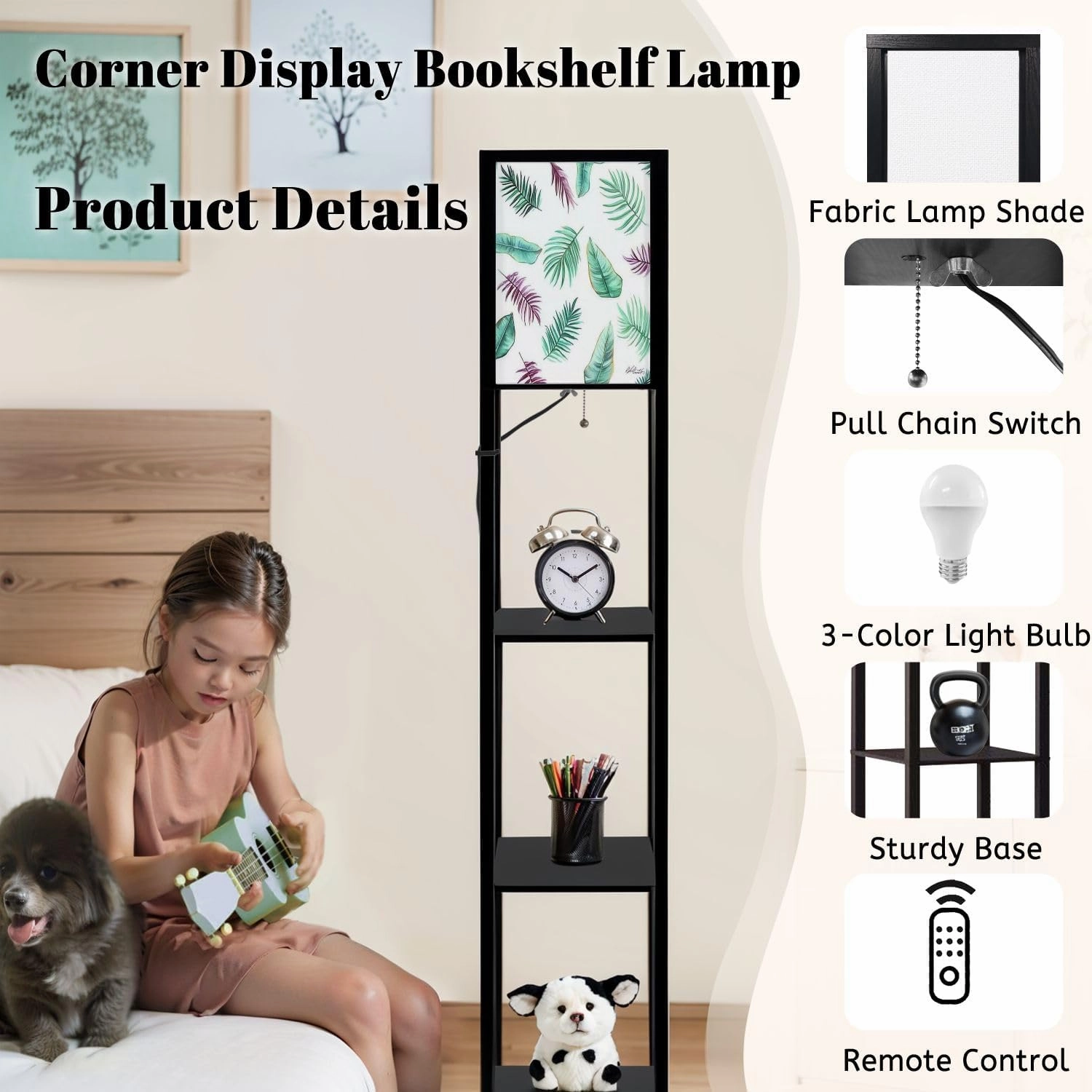 Topical Palm Leaves Seamless Pattern for Fabric Texture Floor Lamps with Shelves, Modern Standing Lamp Narrow Corner Display Bookshelf Lamp for Living Room, Bedroom, Office Decor