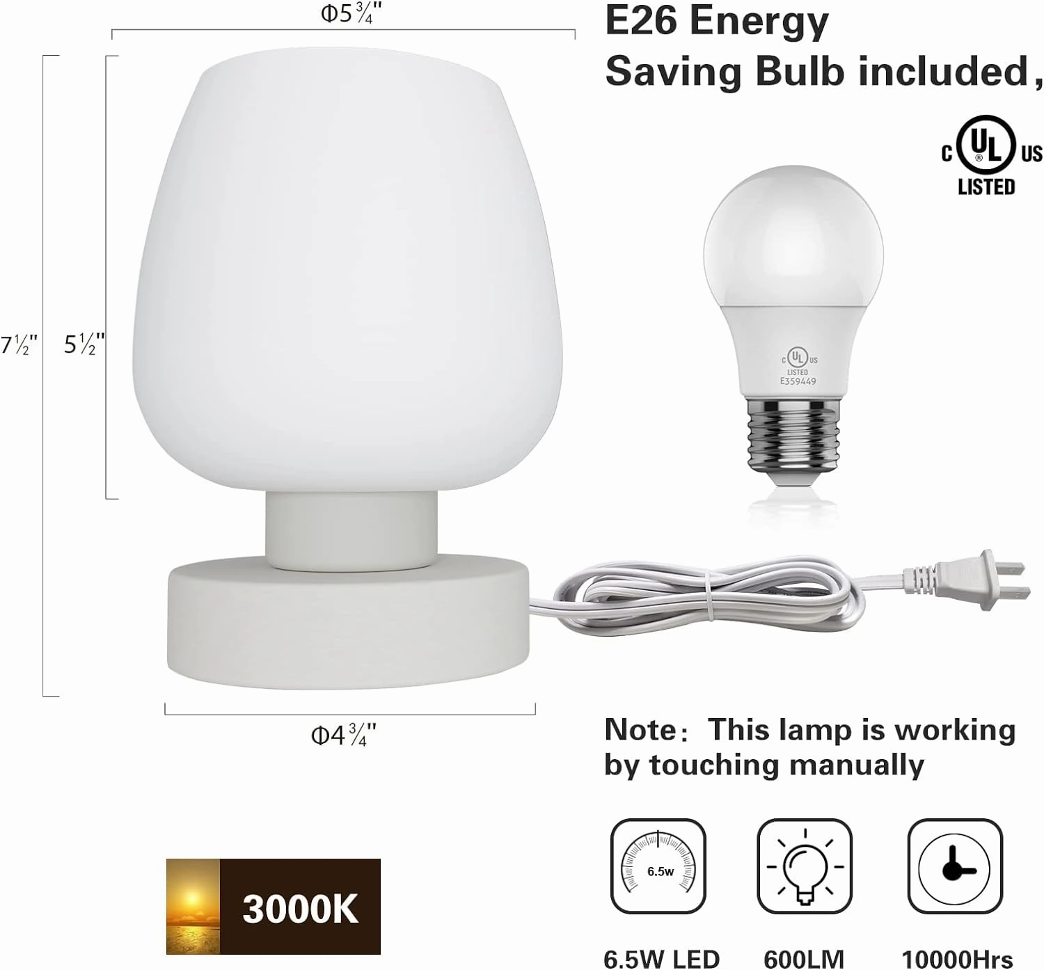 Touch Bedside Table Lamp - Modern Small Lamp for Bedroom Living Room Nightstand, Desk lamp with White Opal Glass Lamp Shade, Warm LED Bulb, 3 Way Dimmable, Simple Design