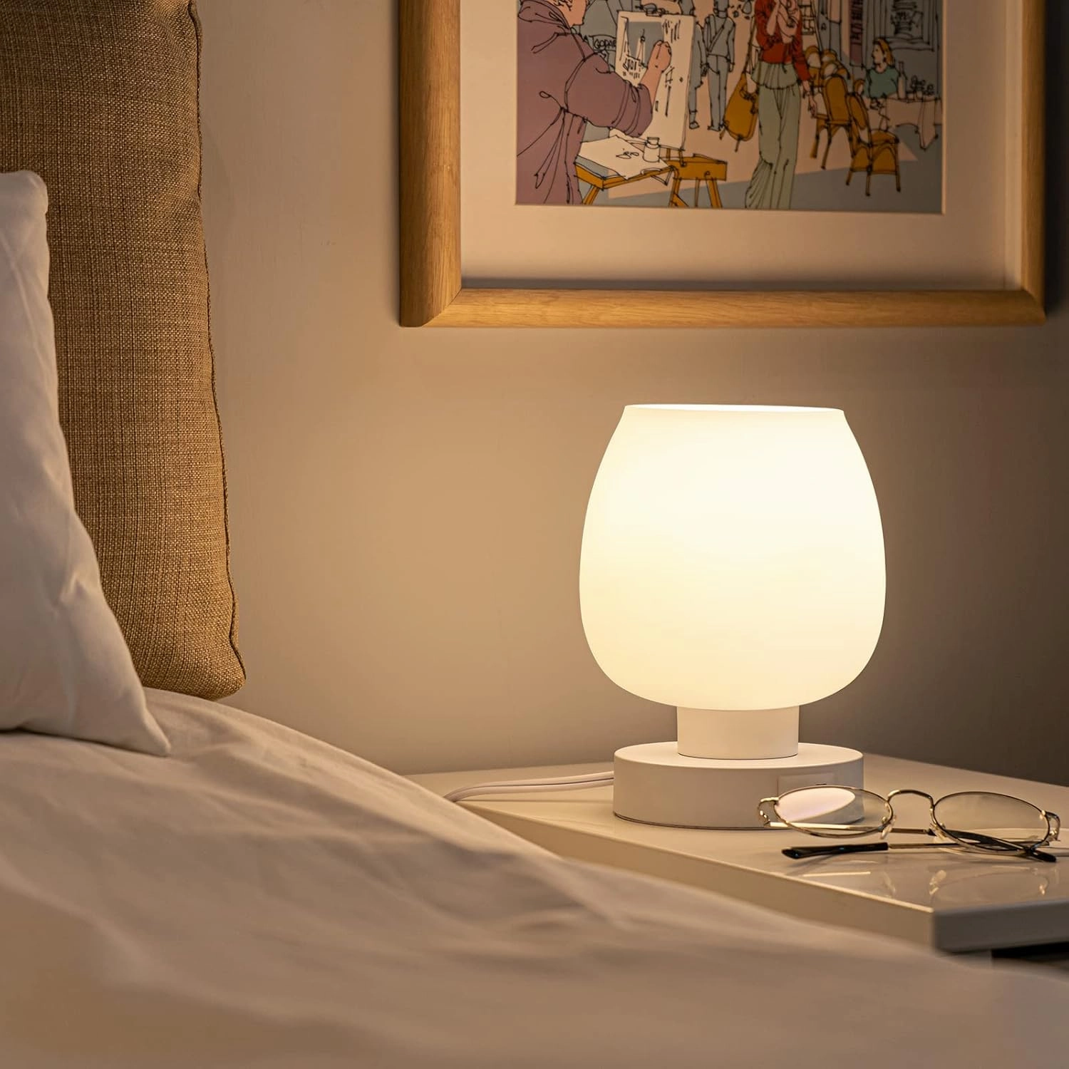 Touch Bedside Table Lamp - Small Lamp for Bedroom with USB C A Charging Ports 3 Way Dimmable, Nightstand Desk lamp with White Opal Glass Lamp Shade Warm LED Bulb Included, Simple Design Gifts
