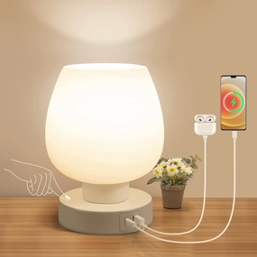 Touch Bedside Table Lamp - Small Lamp for Bedroom with USB C A Charging Ports 3 Way Dimmable, Nightstand Desk lamp with White Opal Glass Lamp Shade Warm LED Bulb Included, Simple Design Gifts
