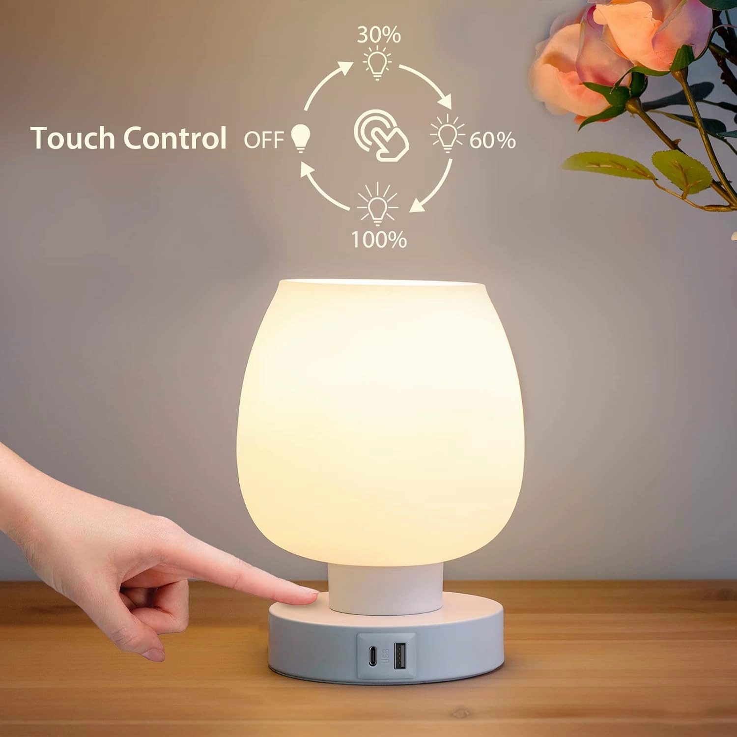 Touch Bedside Table Lamp - Small Lamp for Bedroom with USB C A Charging Ports 3 Way Dimmable, Nightstand Desk lamp with White Opal Glass Lamp Shade Warm LED Bulb Included, Simple Design Gifts