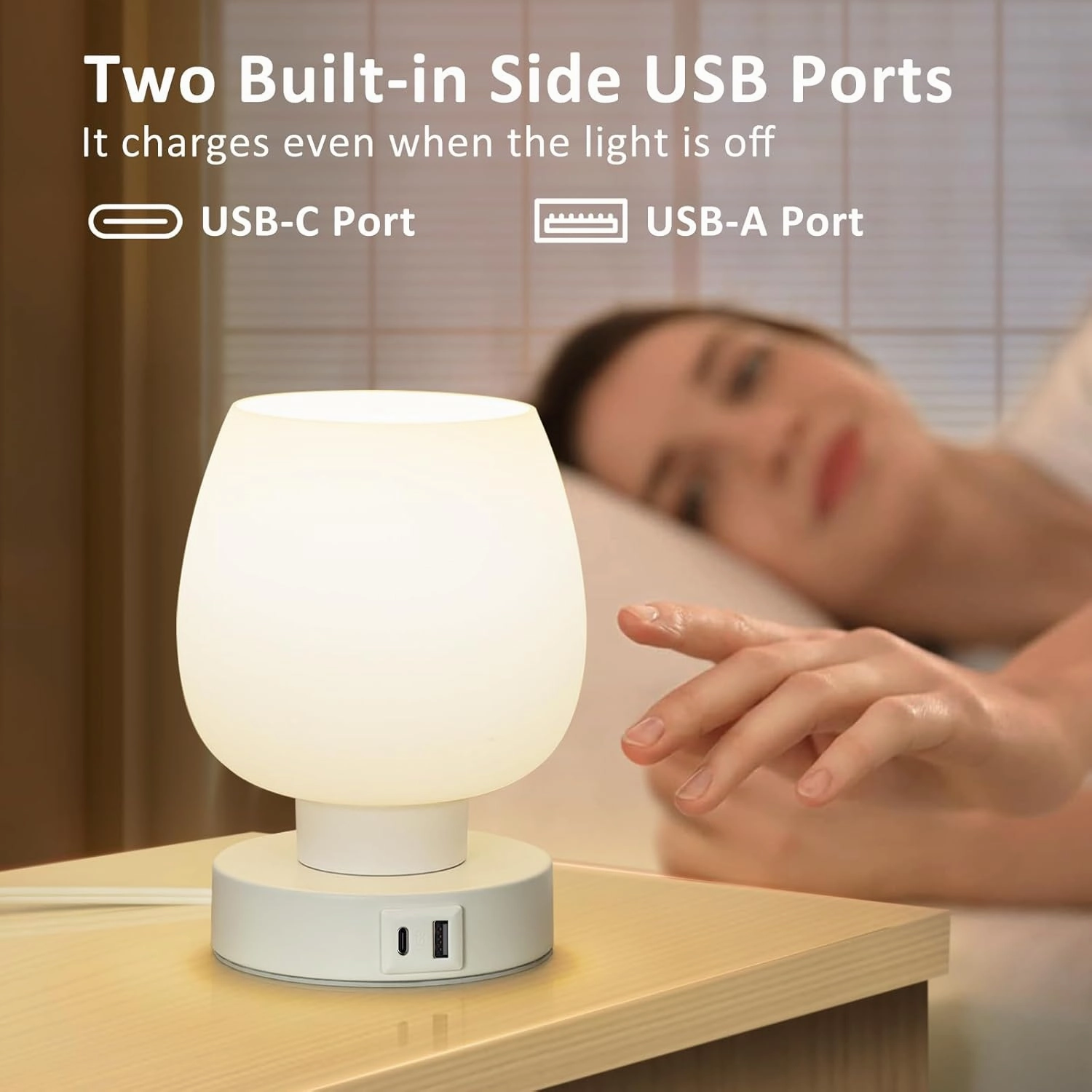 Touch Bedside Table Lamp - Small Lamp for Bedroom with USB C A Charging Ports 3 Way Dimmable, Nightstand Desk lamp with White Opal Glass Lamp Shade Warm LED Bulb Included, Simple Design Gifts