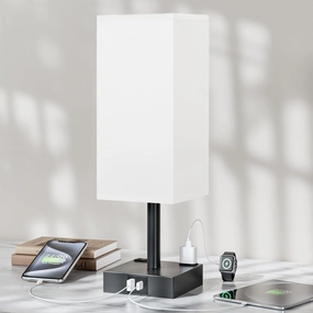 Touch Bedside Table Lamp For Nightstand - 3-Way Dimmable Night Lamp with USB A   Type C Charging Ports and two AC Outlets, Small Desk Light with E26 LED Bulb for Bedroom Living Room ,WHITE BLACK