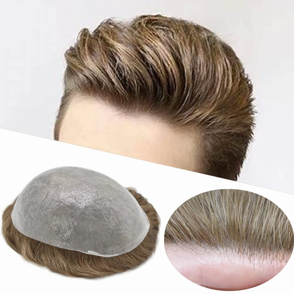 Toupee For Men Real Human Hair Men Toupee Hair Pieces For Men Thin Skin V-Looped Hair System For Men Natural Hairline Male Hair Prosthesis (8"x10"-90% Light to light medium density, #17 DARK ASH BLONDE)