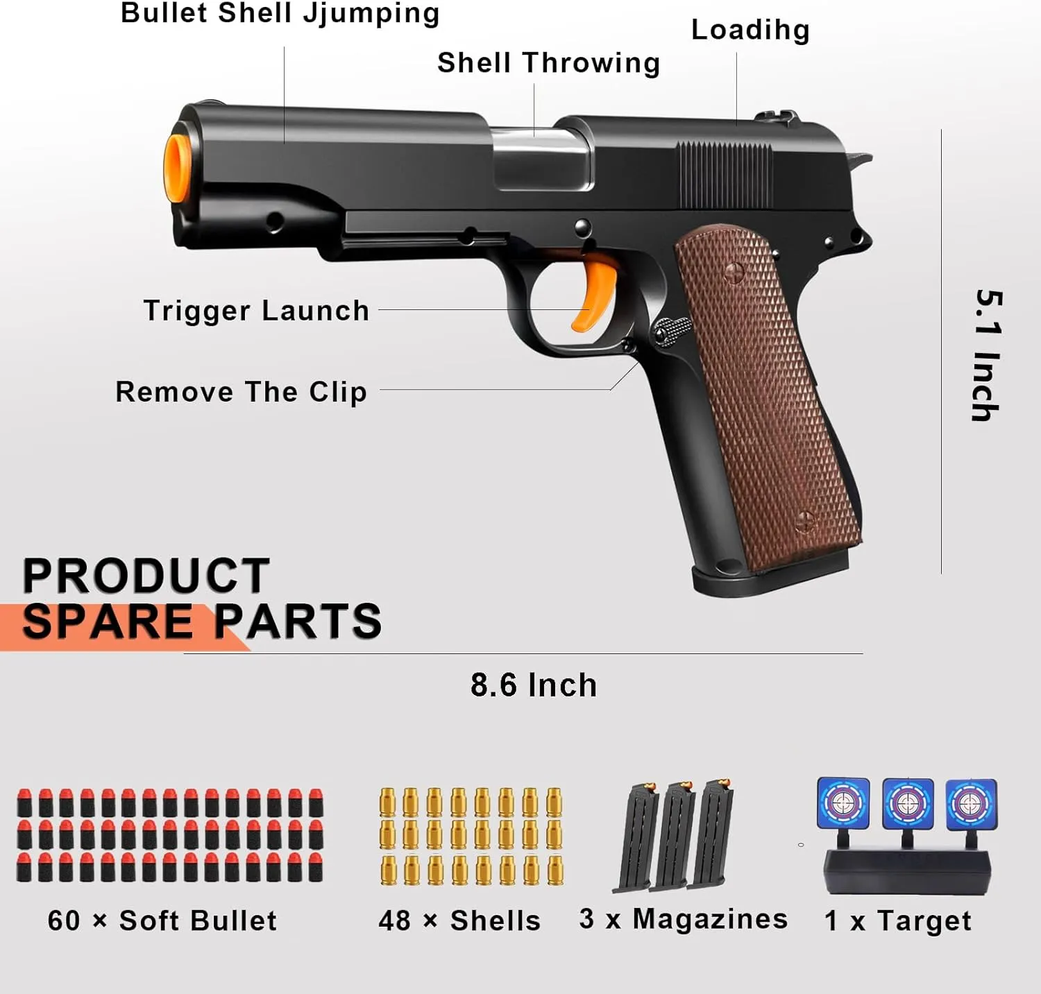 Toy Gun with Soft Bullets, Cool Shell Ejecting Toy Pistols for Boys, Shooting Game Educational Model Toys, Gifts for Kids (Brown)