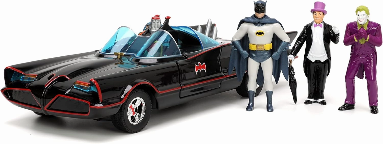 toy Cars DC Comics 1:24 Classic TV Series Batman Batmobile Die-Cast Car & 2.75" Batman, Robin, Penguin, & The Joker Figures