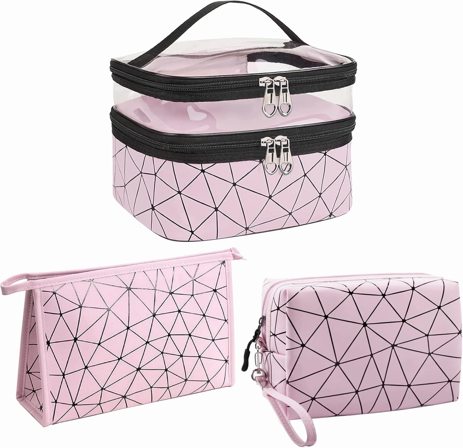 Travel Makeup Bag Organizer, Waterproofing Toiletry Bag Set, Skincare Bag with 2 Cosmetic Bags for Women, Pink Makeup Bag