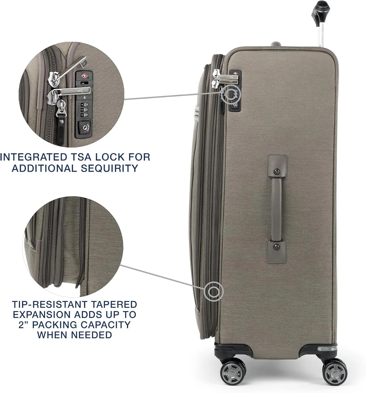 Travelpro Platinum Elite Softside Expandable Checked Luggage, 8 Wheel Spinner Large Suitcase, TSA Lock, Men and Women, Metallic Sand, Checked Large 29-Inch