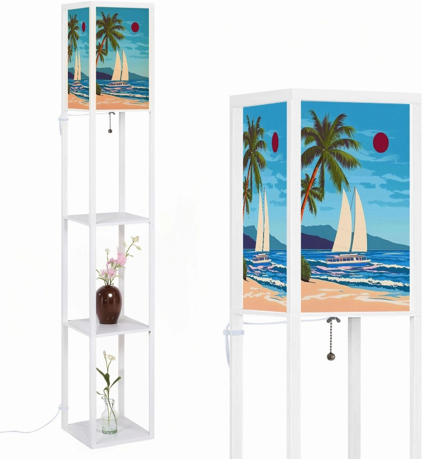 Tropical Island seachore Sailboat Palms sea Ocean Floor Lamps with Shelves, Modern Standing Lamp Narrow Corner Display Bookshelf Lamp for Living Room, Bedroom, Office Decor
