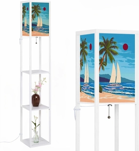 Tropical Island seachore Sailboat Palms sea Ocean Floor Lamps with Shelves, Modern Standing Lamp Narrow Corner Display Bookshelf Lamp for Living Room, Bedroom, Office Decor