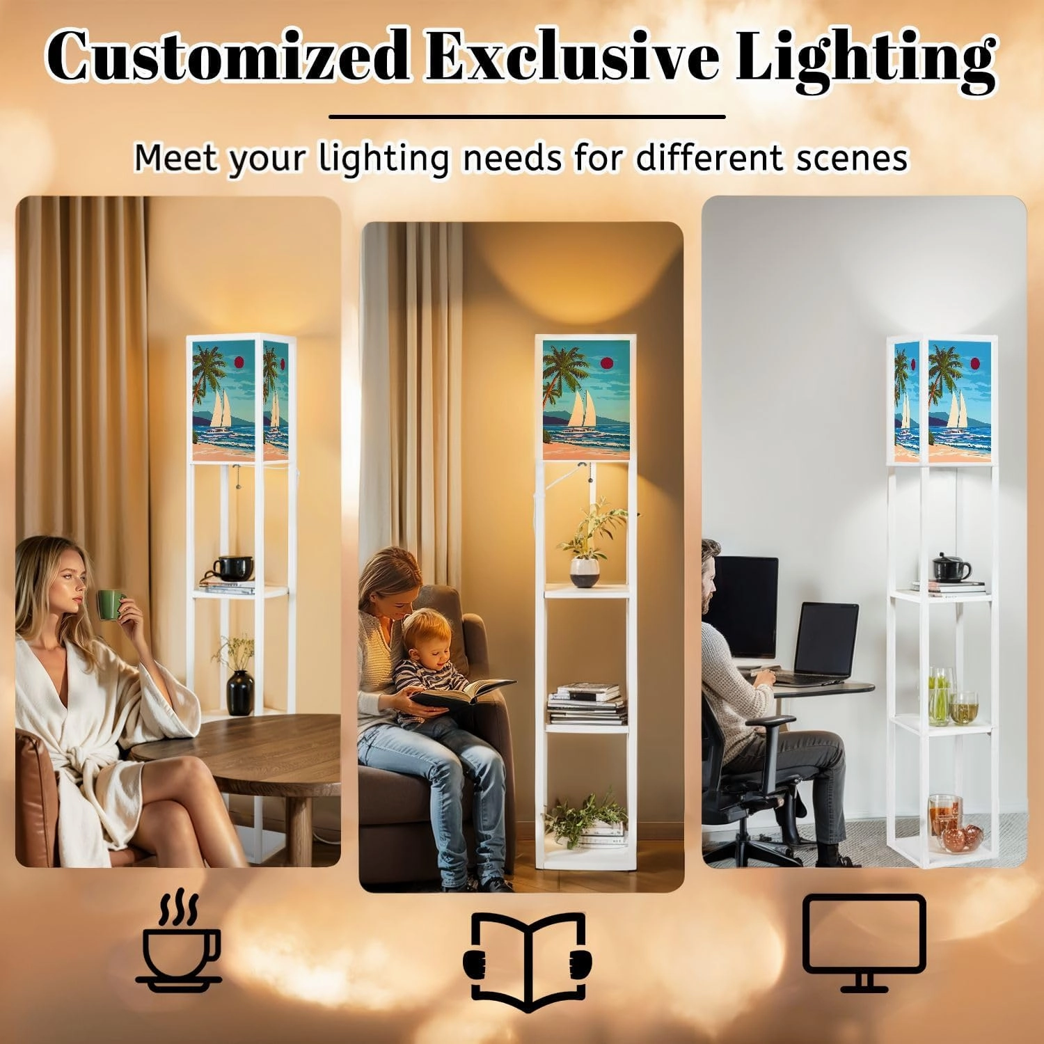 Tropical Island seachore Sailboat Palms sea Ocean Floor Lamps with Shelves, Modern Standing Lamp Narrow Corner Display Bookshelf Lamp for Living Room, Bedroom, Office Decor