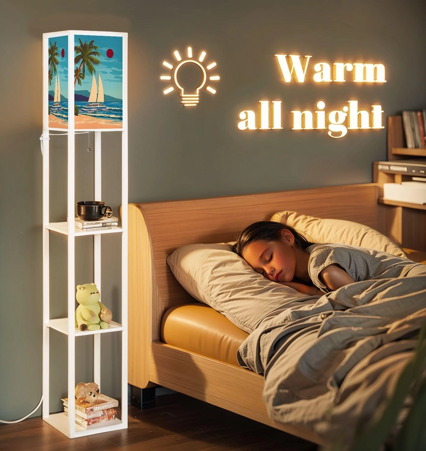 Tropical Island seachore Sailboat Palms sea Ocean Floor Lamps with Shelves, Modern Standing Lamp Narrow Corner Display Bookshelf Lamp for Living Room, Bedroom, Office Decor