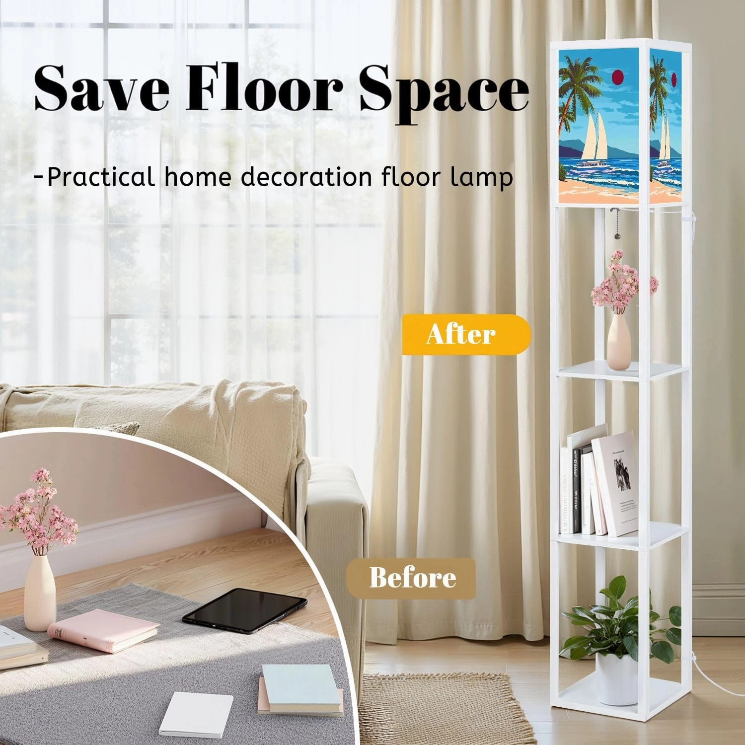 Tropical Island seachore Sailboat Palms sea Ocean Floor Lamps with Shelves, Modern Standing Lamp Narrow Corner Display Bookshelf Lamp for Living Room, Bedroom, Office Decor
