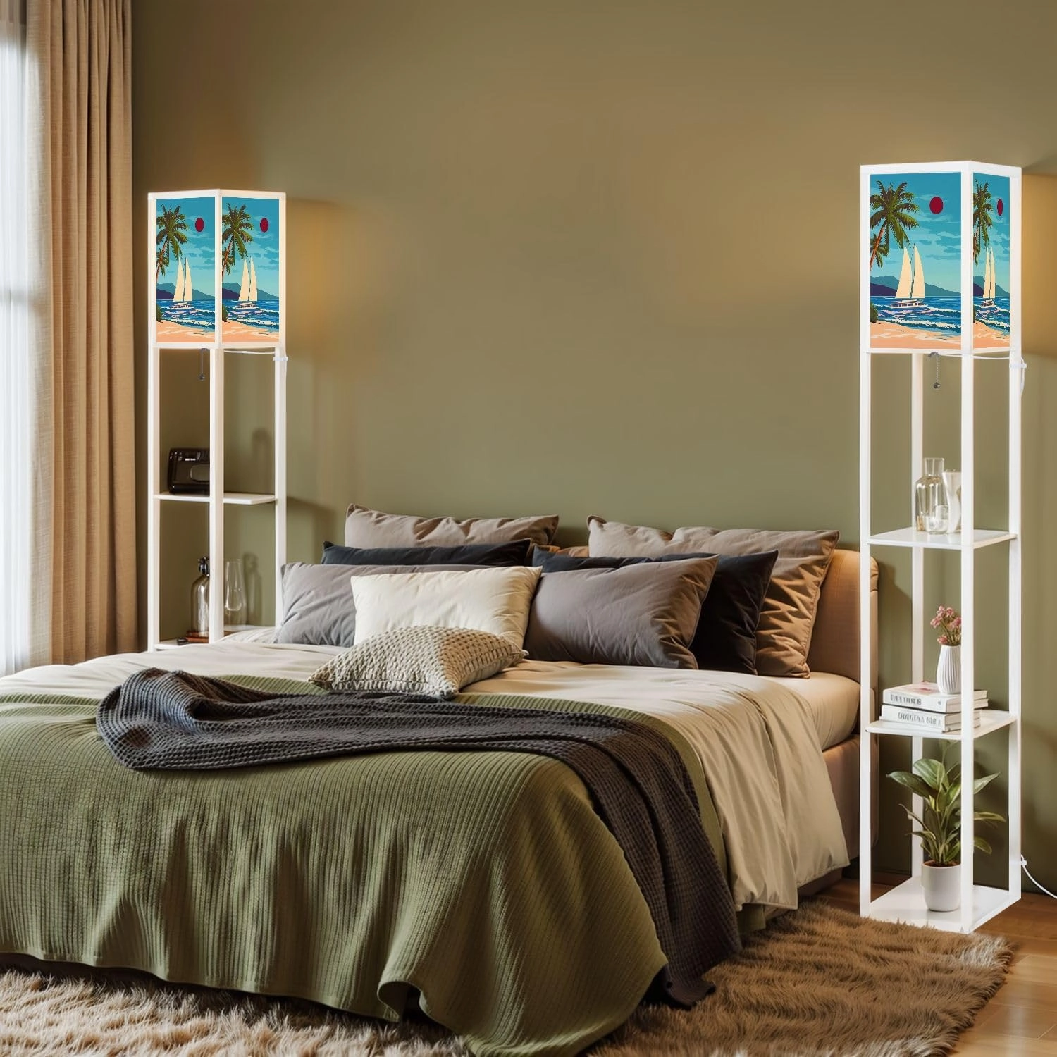 Tropical Island seachore Sailboat Palms sea Ocean Floor Lamps with Shelves, Modern Standing Lamp Narrow Corner Display Bookshelf Lamp for Living Room, Bedroom, Office Decor