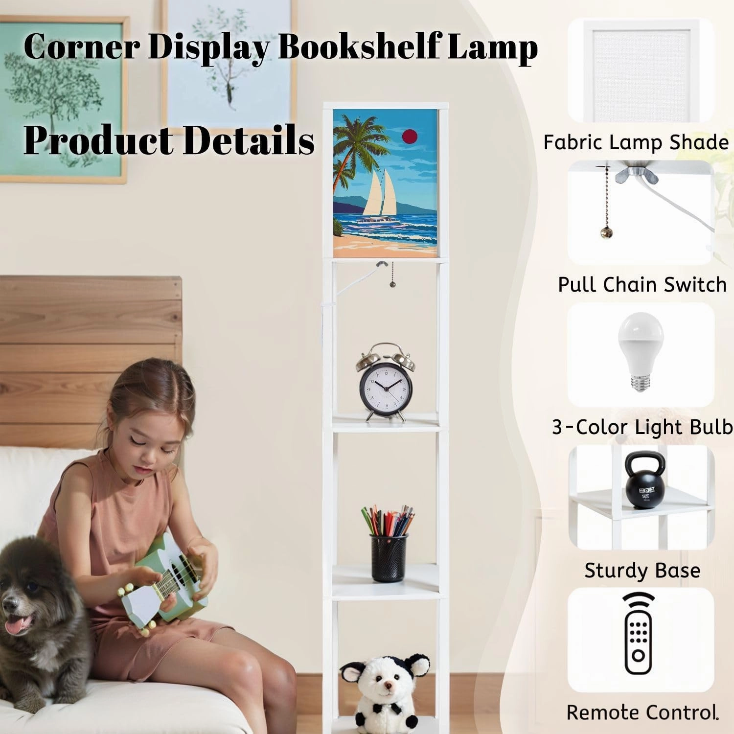 Tropical Island seachore Sailboat Palms sea Ocean Floor Lamps with Shelves, Modern Standing Lamp Narrow Corner Display Bookshelf Lamp for Living Room, Bedroom, Office Decor