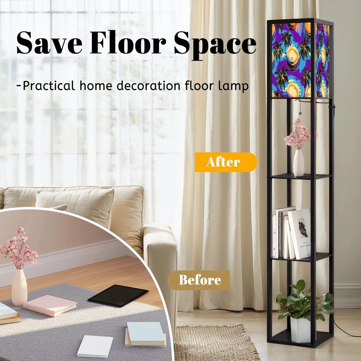 tropical pattern depicting pink purple palm trees yellow highlights Floor Lamps with Shelves, Modern Standing Lamp Narrow Corner Display Bookshelf Lamp for Living Room, Bedroom, Office Decor