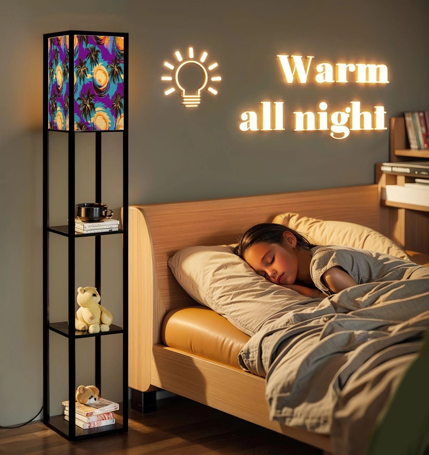 tropical pattern depicting pink purple palm trees yellow highlights Floor Lamps with Shelves, Modern Standing Lamp Narrow Corner Display Bookshelf Lamp for Living Room, Bedroom, Office Decor
