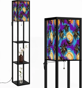 tropical pattern depicting pink purple palm trees yellow highlights Floor Lamps with Shelves, Modern Standing Lamp Narrow Corner Display Bookshelf Lamp for Living Room, Bedroom, Office Decor