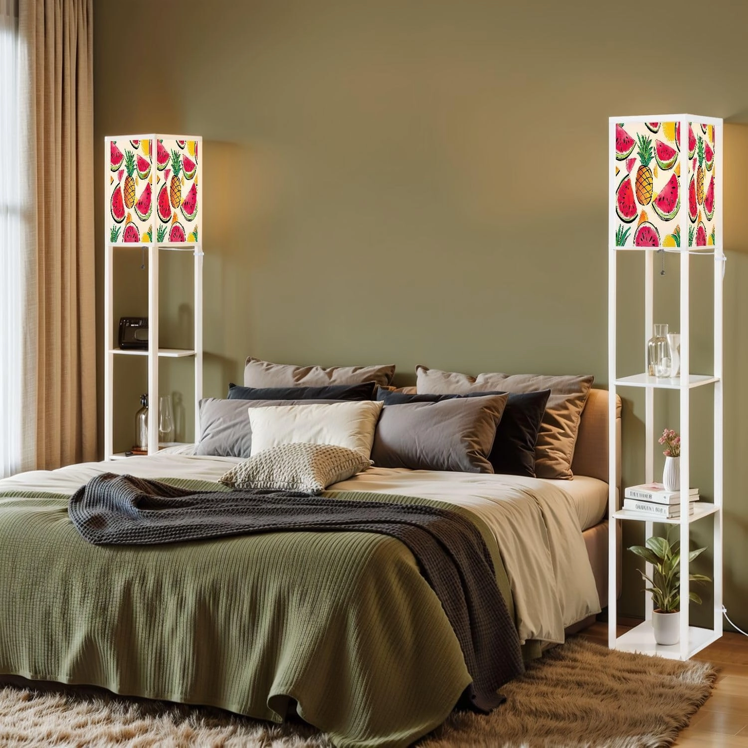 Tropics Funny Wallpapers Seamless Pattern Yellow Floor Lamps with Shelves, Modern Standing Lamp Narrow Corner Display Bookshelf Lamp for Living Room, Bedroom, Office Decor