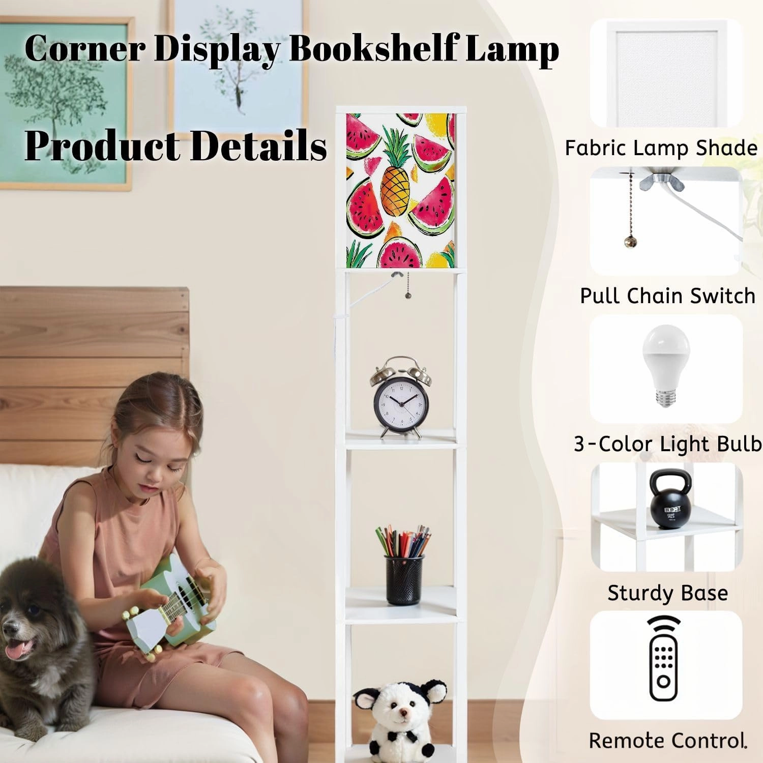 Tropics Funny Wallpapers Seamless Pattern Yellow Floor Lamps with Shelves, Modern Standing Lamp Narrow Corner Display Bookshelf Lamp for Living Room, Bedroom, Office Decor