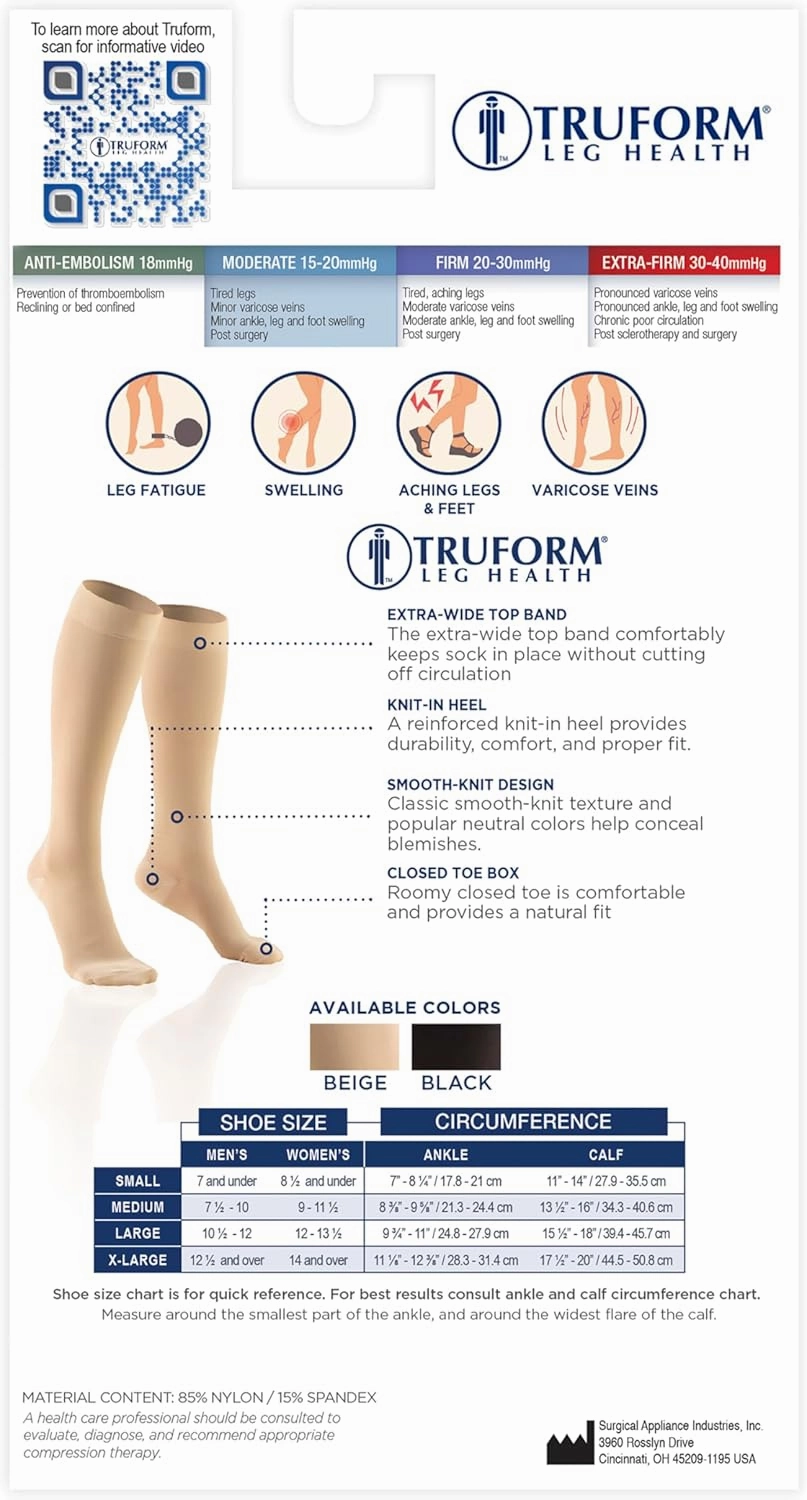 Truform 15-20 mmHg Compression Stockings for Men and Women, Knee High Length, Closed Toe, Beige, X-Large, 2 Count