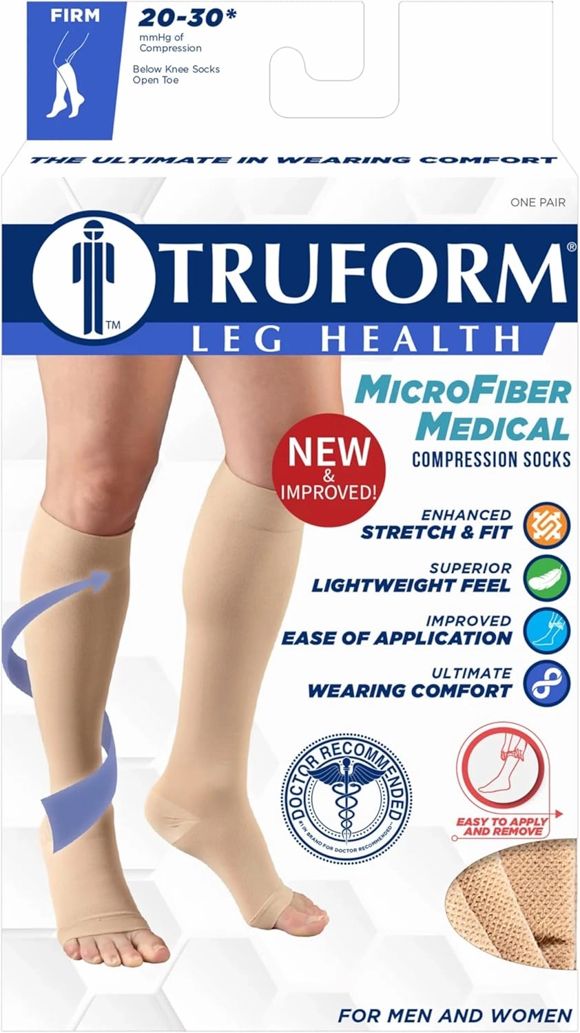 Truform 20-30 mmHg Compression Stocking for Men and Women, Knee High Length, Open Toe, Beige, 2X-Large