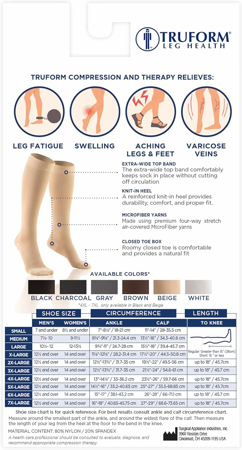 Truform 20-30 mmHg Compression Stockings for Men and Women, Knee High Length, Closed Toe, Beige, X-Large