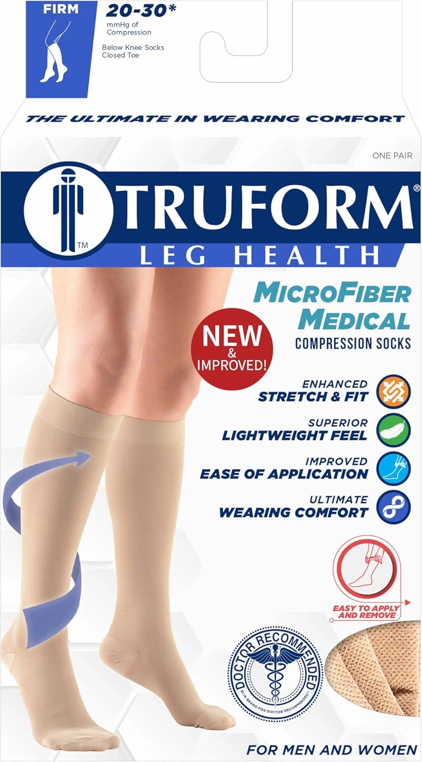 Truform 20-30 mmHg Compression Stockings for Men and Women, Knee High Length, Closed Toe, Beige, X-Large