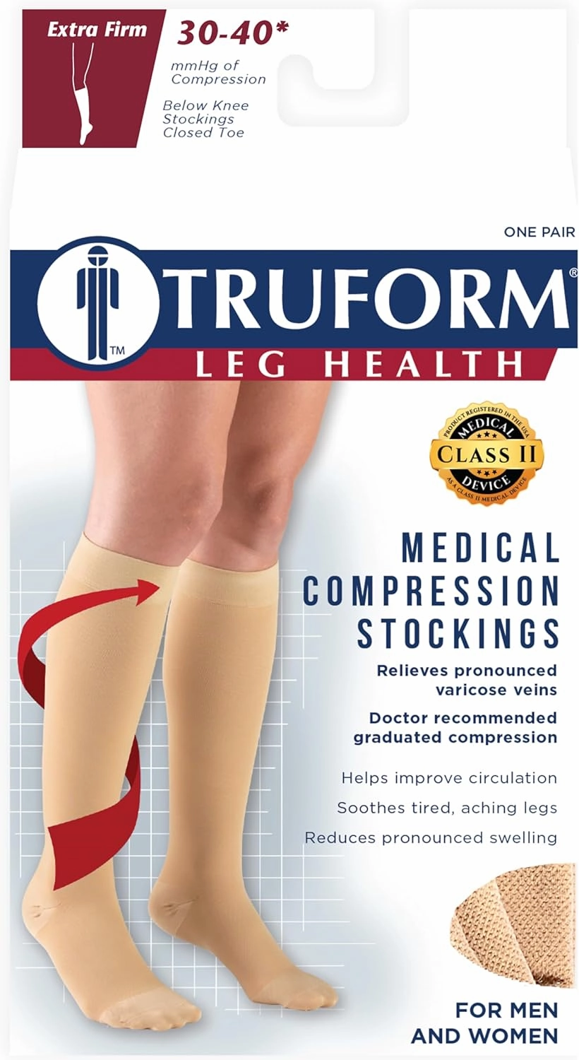 Truform 30-40 mmHg Compression Stockings for Men and Women, Knee High Length, Closed Toe, Beige, Large