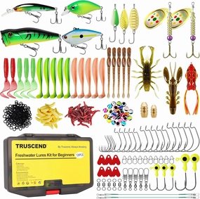 TRUSCEND Widely Used Fishing Tackle & Accessories Kit, Fishing Tackle Box with Tackle Included, Fishing Sinker Weight Hook Swivels Snap Leader Lures, Giftable Beginner Fishing Lures/Gear Set